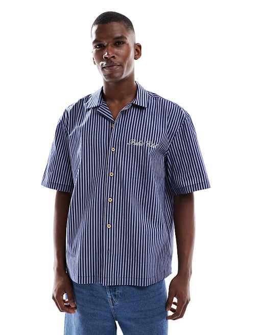 ASOS DESIGN relaxed revere stripe shirt with chest embroidery in navy