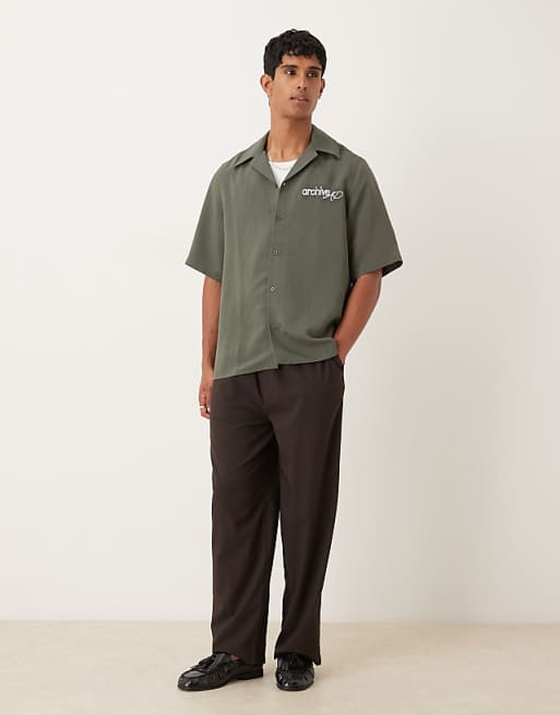 ASOS DESIGN Relaxed Revere Stripe Shirt With Embroidery In Green