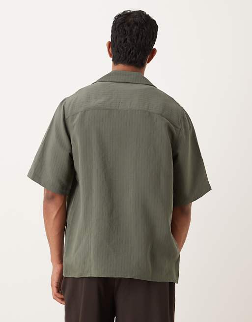 ASOS DESIGN Relaxed Revere Stripe Shirt With Embroidery In Green
