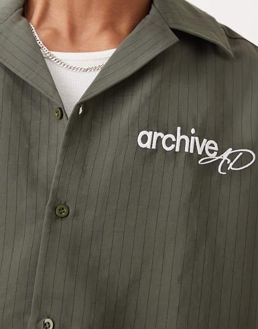 ASOS DESIGN Relaxed Revere Stripe Shirt With Embroidery In Green