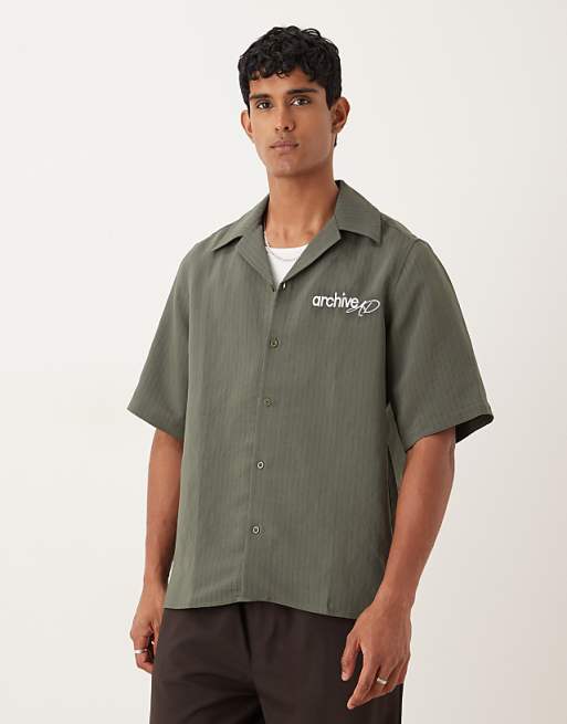 ASOS DESIGN relaxed revere stripe shirt with embroidery in green
