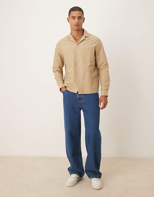 ASOS DESIGN Relaxed Revere Textured Shirt With Double Pockets In Beige