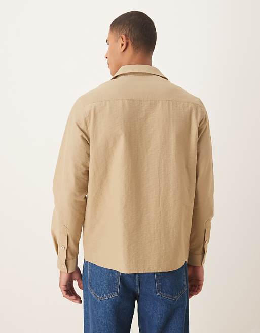 ASOS DESIGN Relaxed Revere Textured Shirt With Double Pockets In Beige