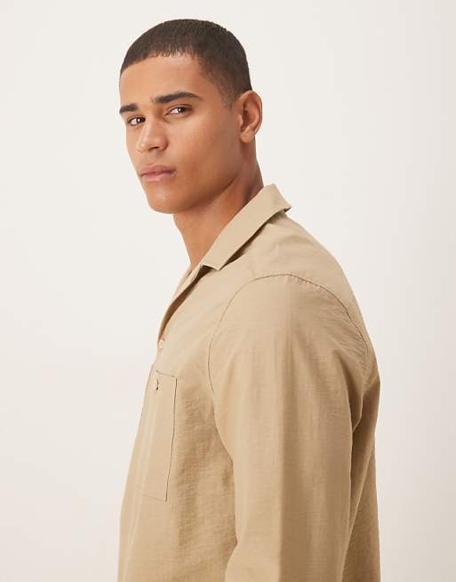 ASOS DESIGN Relaxed Revere Textured Shirt With Double Pockets In Beige