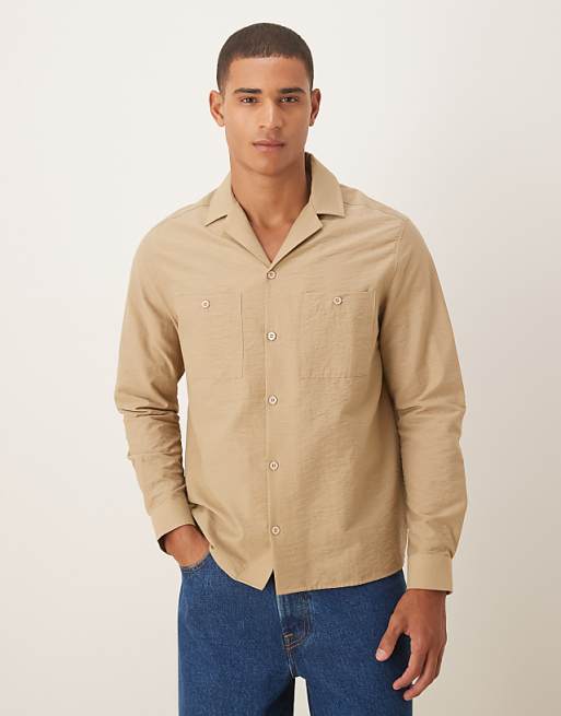 ASOS DESIGN relaxed revere textured shirt with double pockets in beige