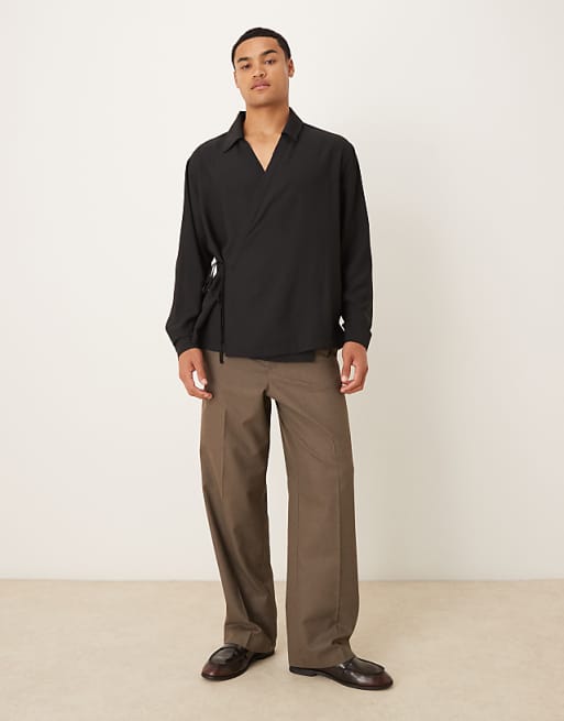 ASOS DESIGN Relaxed Satin Wrap Around Shirt In Black