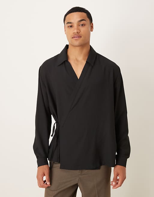 ASOS DESIGN relaxed satin wrap around shirt in black ASOS DESIGN relaxed satin wrap around shirt in black