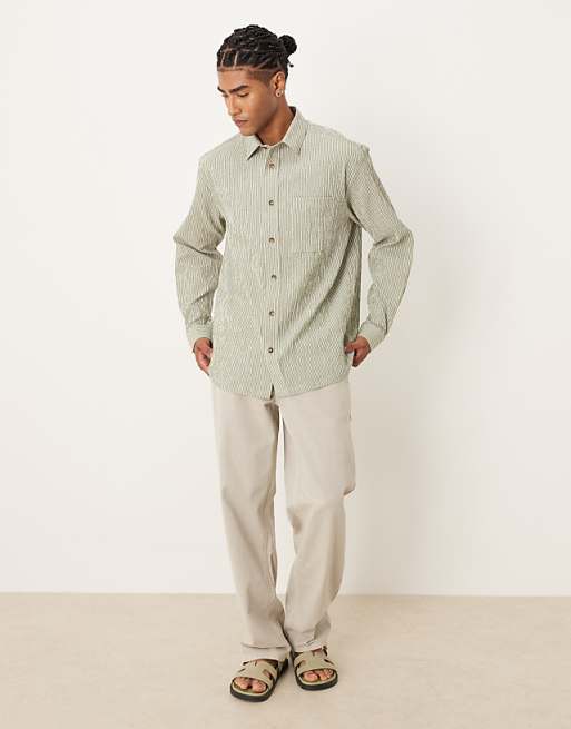 ASOS DESIGN Relaxed Seersucker Shirt In Green And White Stripe