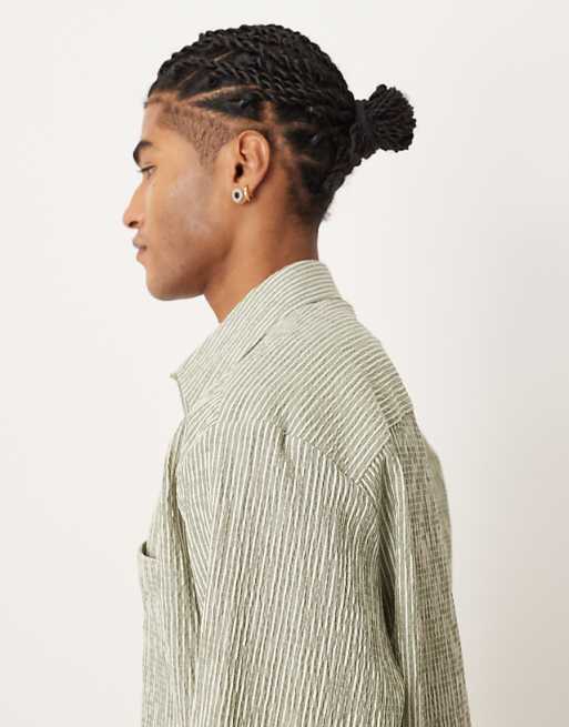 ASOS DESIGN Relaxed Seersucker Shirt In Green And White Stripe