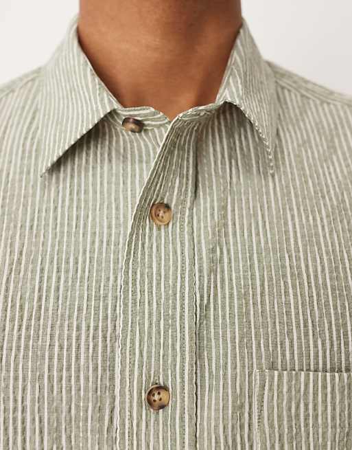 ASOS DESIGN Relaxed Seersucker Shirt In Green And White Stripe