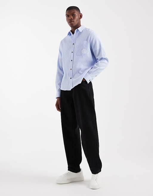 ASOS DESIGN Relaxed Seersucker Shirt With Embroidery In Blue