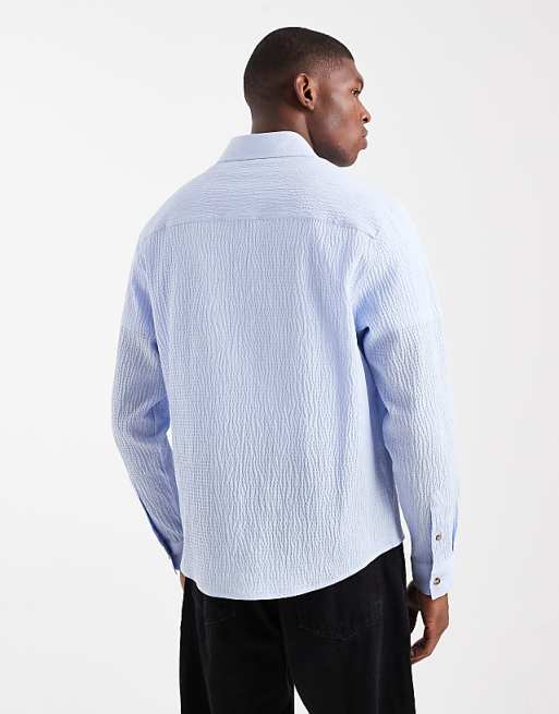 ASOS DESIGN Relaxed Seersucker Shirt With Embroidery In Blue