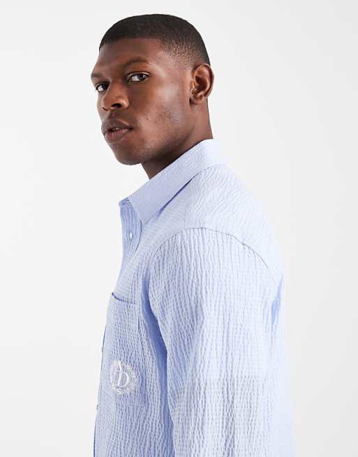 ASOS DESIGN Relaxed Seersucker Shirt With Embroidery In Blue