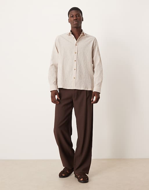 ASOS DESIGN Relaxed Seersucker Stripe Shirt In Sand