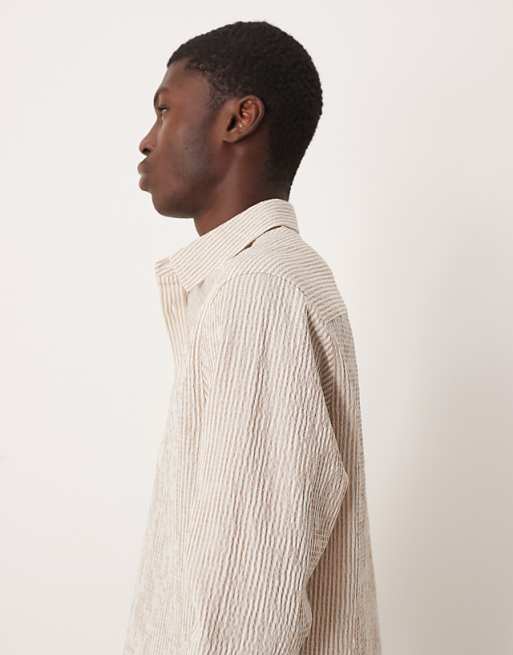 ASOS DESIGN Relaxed Seersucker Stripe Shirt In Sand