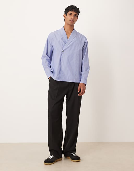 ASOS DESIGN Relaxed Shawl Collar Wrap Over Shirt In Blue Stripe