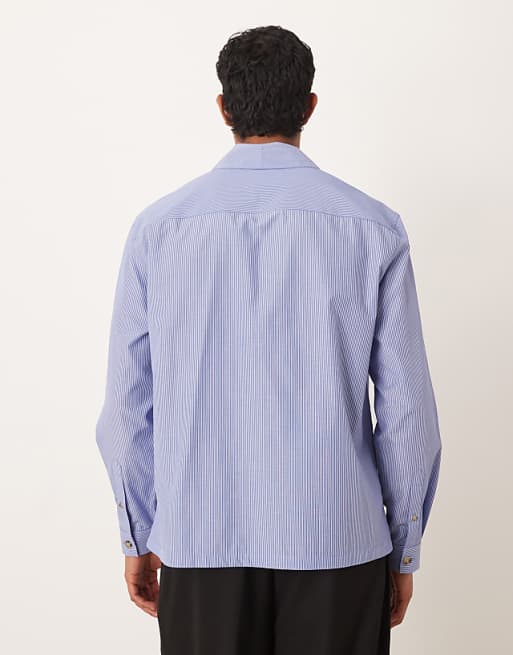 ASOS DESIGN Relaxed Shawl Collar Wrap Over Shirt In Blue Stripe