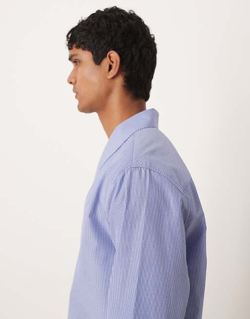 ASOS DESIGN Relaxed Shawl Collar Wrap Over Shirt In Blue Stripe