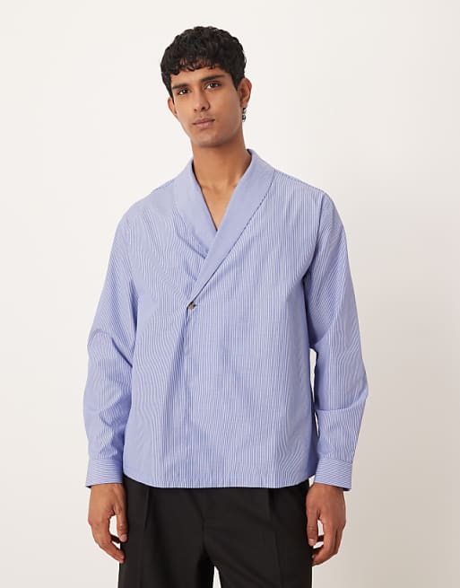ASOS DESIGN relaxed shawl collar wrap over shirt in blue stripe