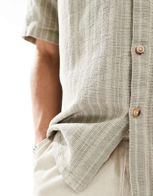 ASOS DESIGN Relaxed Shirt In Basket Weave Stripe In Olive Green