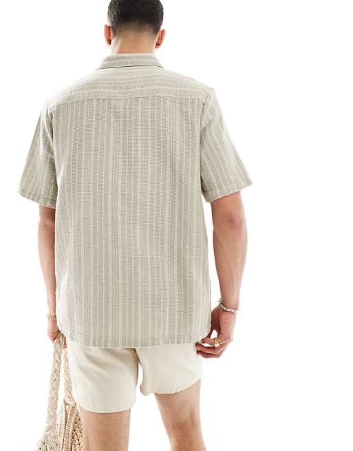 ASOS DESIGN Relaxed Shirt In Basket Weave Stripe In Olive Green