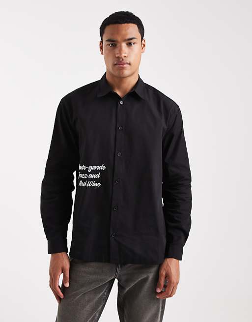 ASOS DESIGN relaxed shirt in black with text print