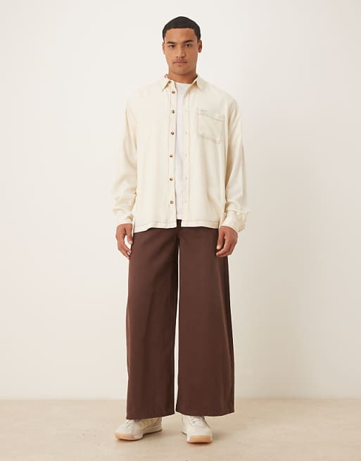 ASOS DESIGN Relaxed Shirt In Cream With Contrast Stitching And Badge Detail