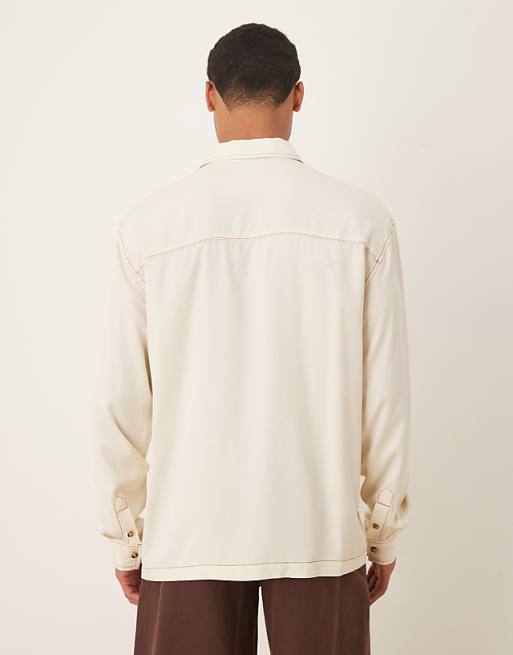 ASOS DESIGN Relaxed Shirt In Cream With Contrast Stitching And Badge Detail