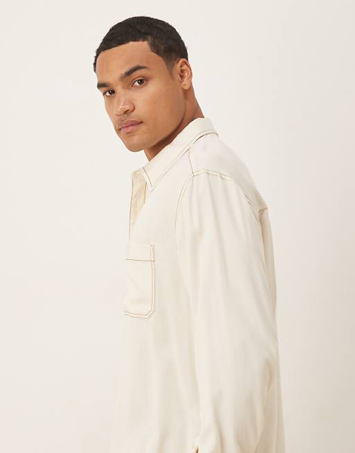 ASOS DESIGN Relaxed Shirt In Cream With Contrast Stitching And Badge Detail