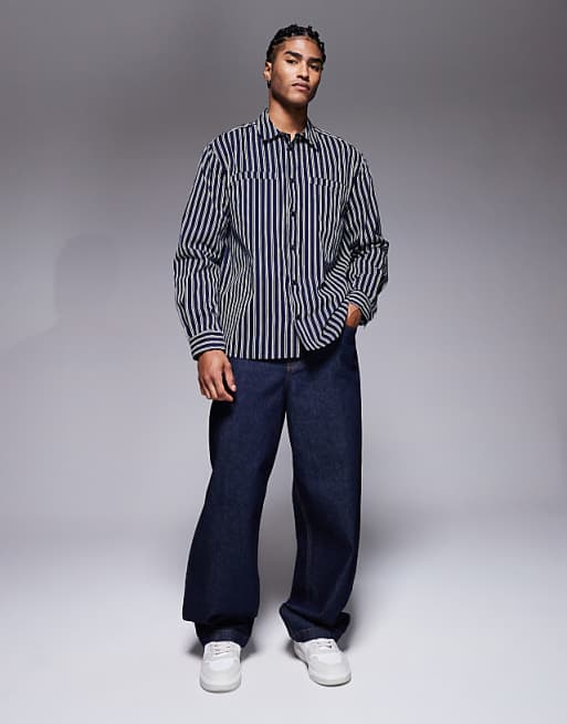 ASOS DESIGN Relaxed Shirt In Navy Stripe