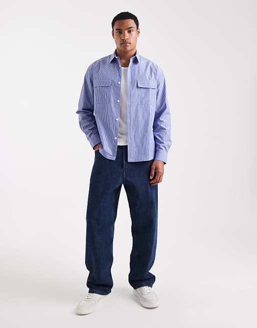 ASOS DESIGN Relaxed Shirt With Cargo Pockets In Blue Stripe