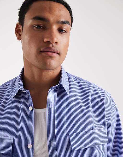 ASOS DESIGN Relaxed Shirt With Cargo Pockets In Blue Stripe