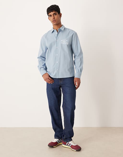 ASOS DESIGN Relaxed Shirt With Chest And Back Embroidery In Blue