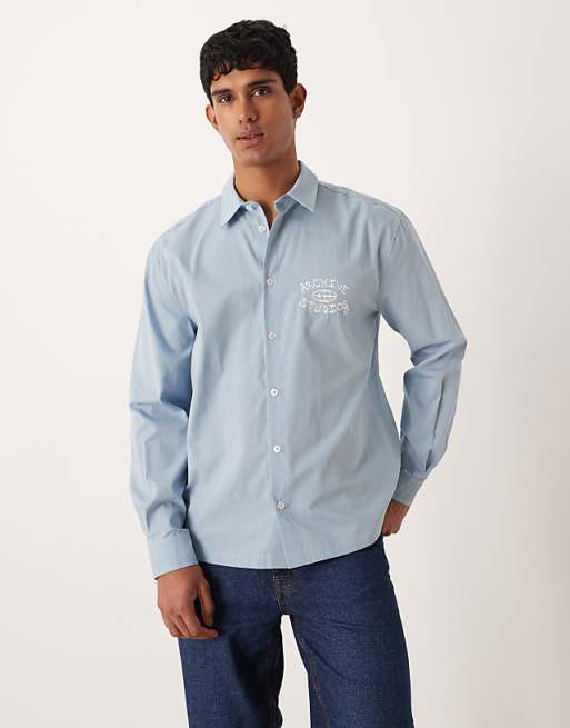 ASOS DESIGN Relaxed Shirt With Chest And Back Embroidery In Blue