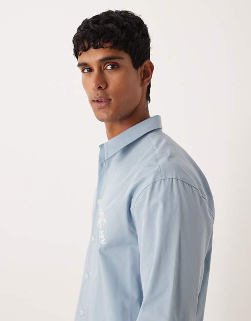 ASOS DESIGN Relaxed Shirt With Chest And Back Embroidery In Blue
