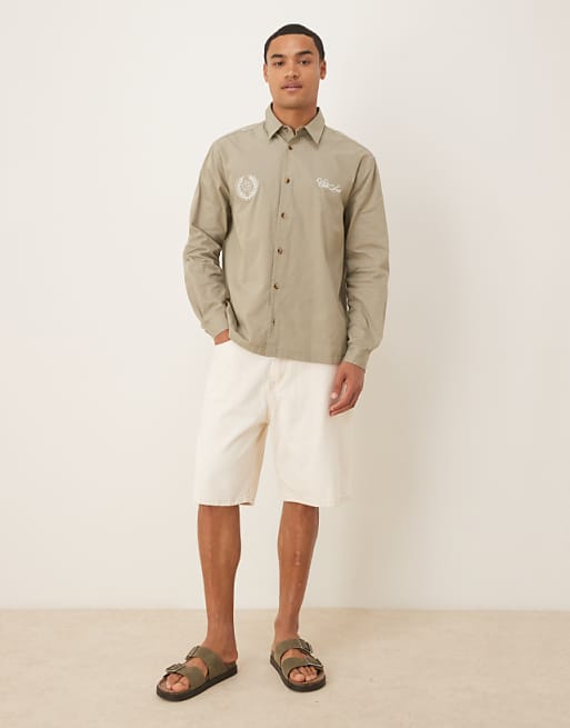 ASOS DESIGN Relaxed Shirt With Chest Embroidery In Khaki