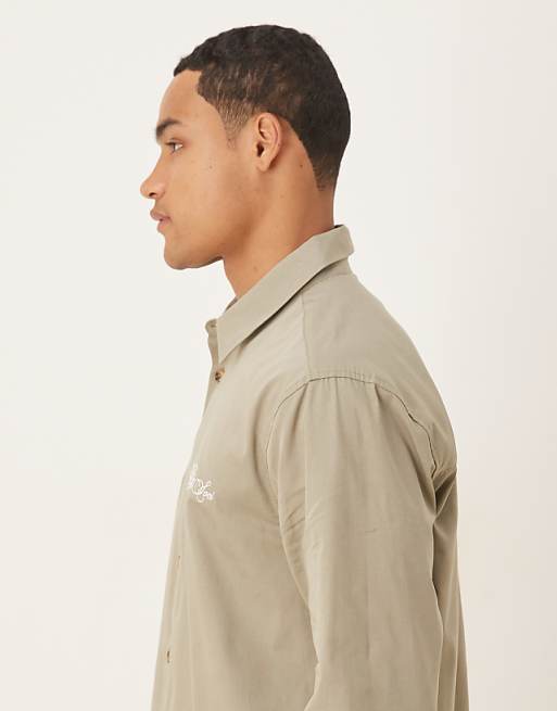 ASOS DESIGN Relaxed Shirt With Chest Embroidery In Khaki