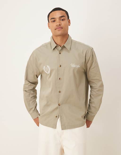 ASOS DESIGN relaxed shirt with chest embroidery in khaki