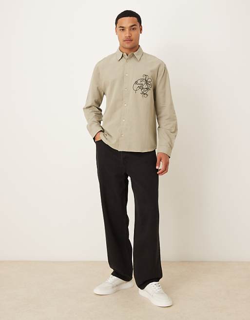 ASOS DESIGN Relaxed Shirt With Chest Embroidery In Khaki