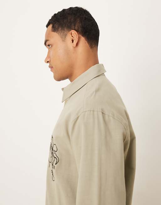 ASOS DESIGN Relaxed Shirt With Chest Embroidery In Khaki
