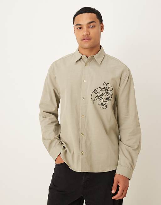 ASOS DESIGN relaxed shirt with chest embroidery in khaki