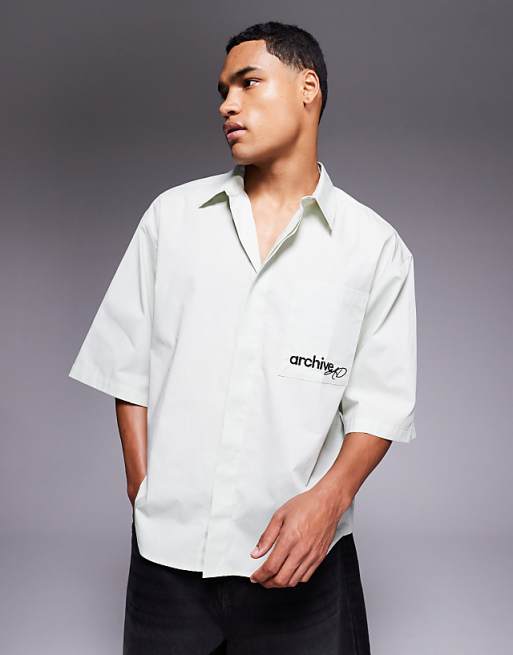 ASOS DESIGN relaxed shirt with chest embroidery in light green