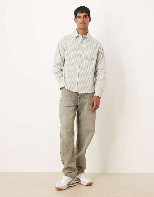 ASOS DESIGN Relaxed Shirt With Embroidery In Green And White Stripe