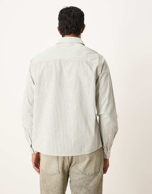 ASOS DESIGN Relaxed Shirt With Embroidery In Green And White Stripe