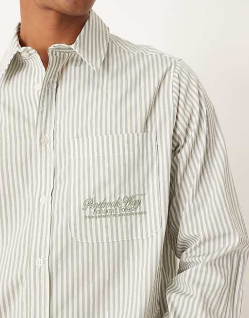 ASOS DESIGN Relaxed Shirt With Embroidery In Green And White Stripe
