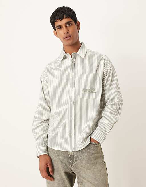 ASOS DESIGN relaxed shirt with embroidery in green and white stripe