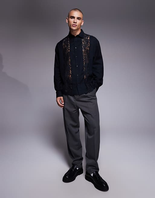 ASOS DESIGN Relaxed Shirt With Lace Insert In Black