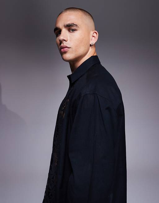 ASOS DESIGN Relaxed Shirt With Lace Insert In Black