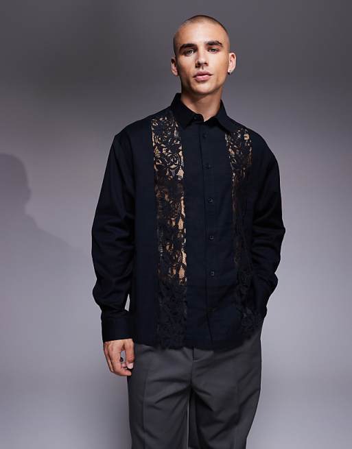 ASOS DESIGN relaxed shirt with lace insert in black
