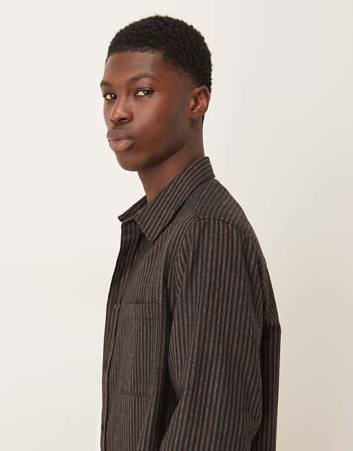 ASOS DESIGN Relaxed Shirt With Pocket In Navy And Brown Stripe